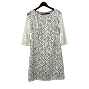 Eliza J Floral Lace Dress Size 8 Womens Tan White 3/4 Sleeve Sheath Cocktail N3